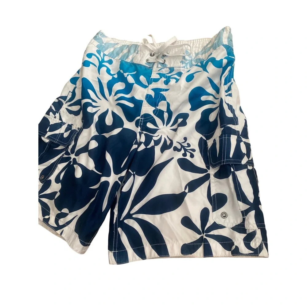 Merona Mens Blue White Hibiscus Floral Board Shorts Swim Trunks Size M Cargo